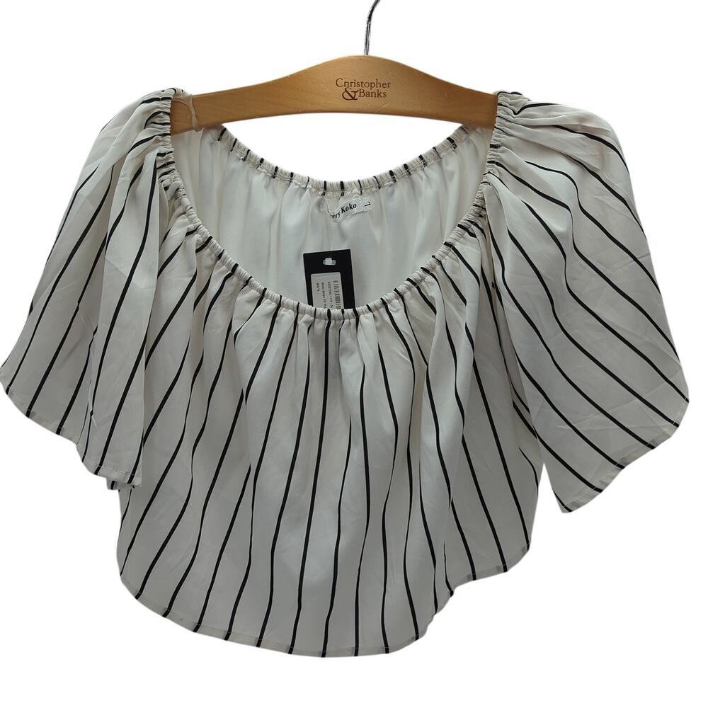 Cherry Koko L NWT White Black Stripe Off-Shoulder Blouse